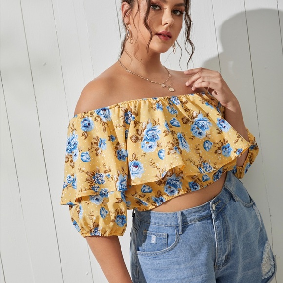 Plus Floral Print Ruffle Crop Blouse -3X - Picture 2 of 2
